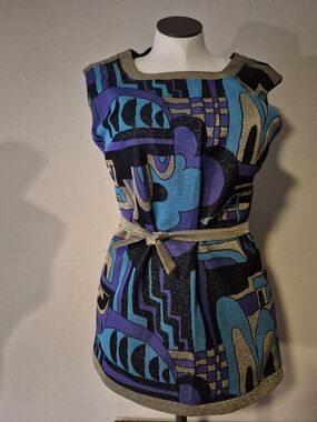 Sleeveless Retro  Abstract Metallic Knit Mini Dress in Teal, Purple & Gold Large